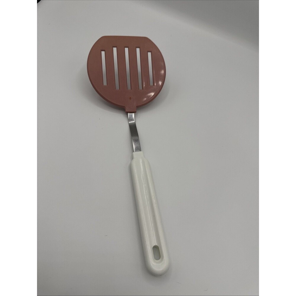 Vintage Nylon Slotted  Pink Wide Spatula Turner Flipper White Handle